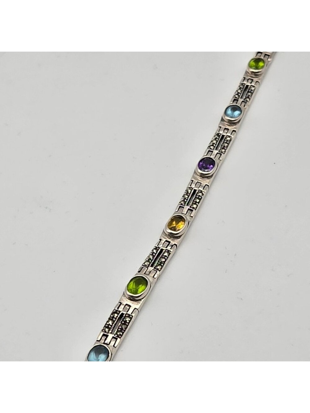 Vintage 90s 925 Sterling Silver Bracelet Marcasite Gemstones Amethyst Citrine To